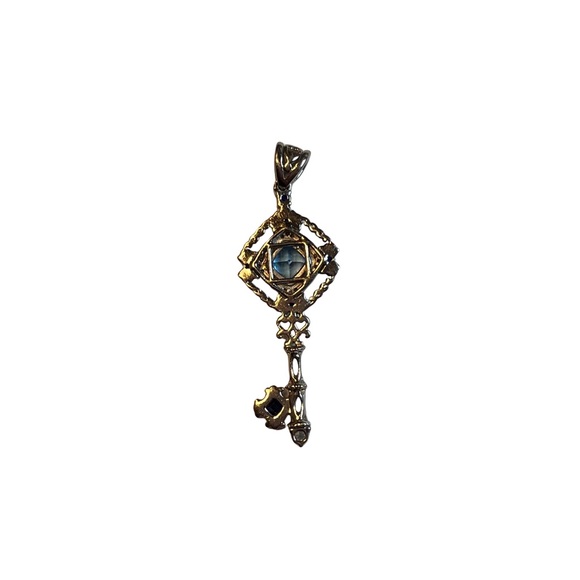 Sterling Silver SS925 Key Pendant Blue Topaz Gemstone Filigree Vintage Boho Gift - Picture 2 of 7